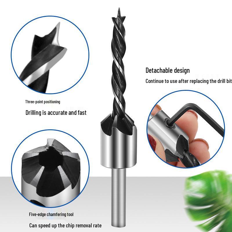Seven-Piece Woodworking Chamfer Tool Set: 3-10mm High-Speed Steel Three-Point Countersink Drill Bits