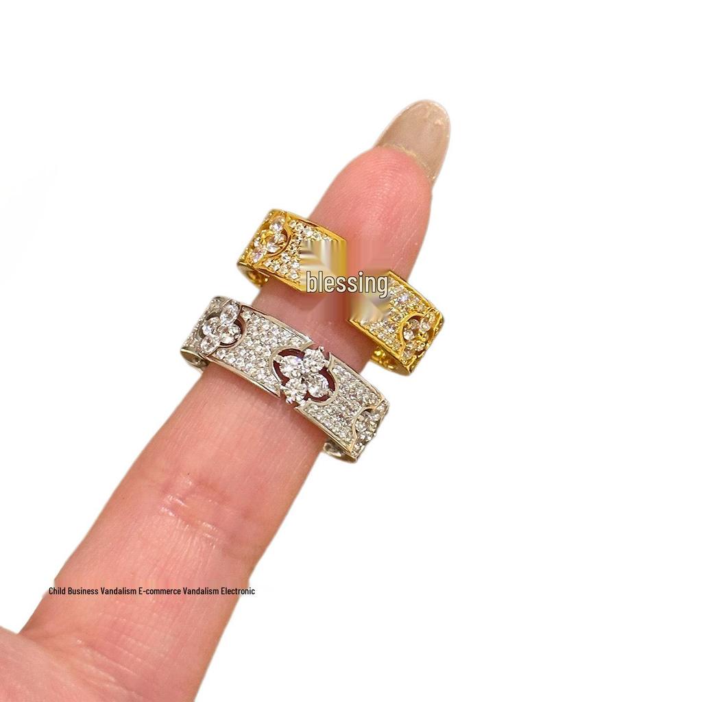French Vintage Four-Leaf Clover & Baby's Breath Diamond Ring - Women's Luxury Fashion Statement Ring