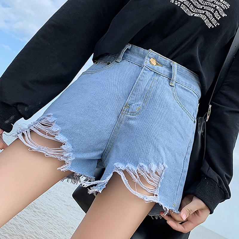 Summer Pants Classic and Minimalist Fashion Versatile Black Women's High-waisted Loose Summer Hole-breaking Thin Burlap Wide-legged Son Denim Shorts