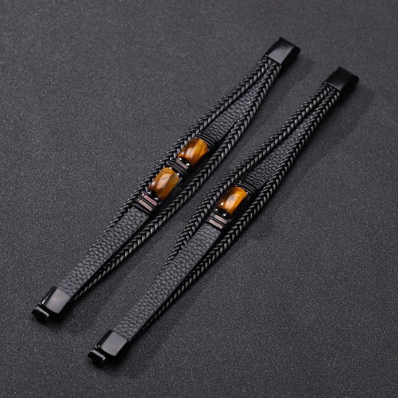 Multi Layer Leather Cord Tiger Eye Stone Bracelet Magnetic Clasp Men's Jewelry