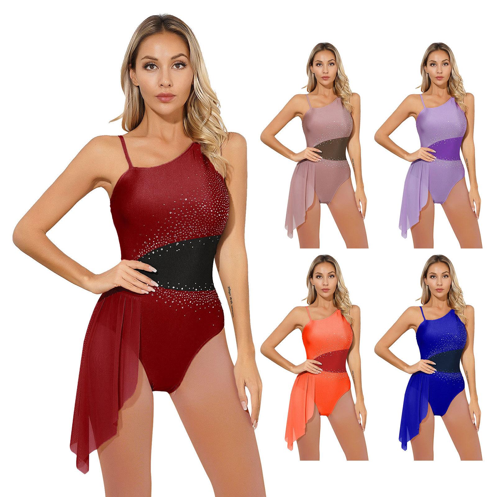 

Жіночий танцювальний костюм для фігурного катання з блискучими стразами і нестандартними плечима, боді без рукавів із кольоровими блоками M бордовий