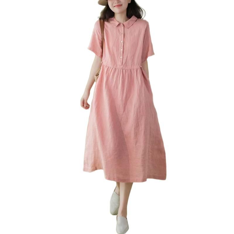 Korean Style Cotton Linen Retro Long Dress for Women, Spring/Summer 2026 Collection, Short Sleeve with Shirt Collar