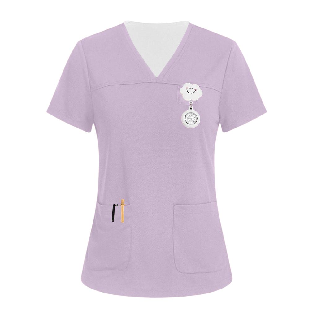 Women's V-neck Three-pocket Short-sleeved  Uniform/caregiver Top With Slits At The Hem