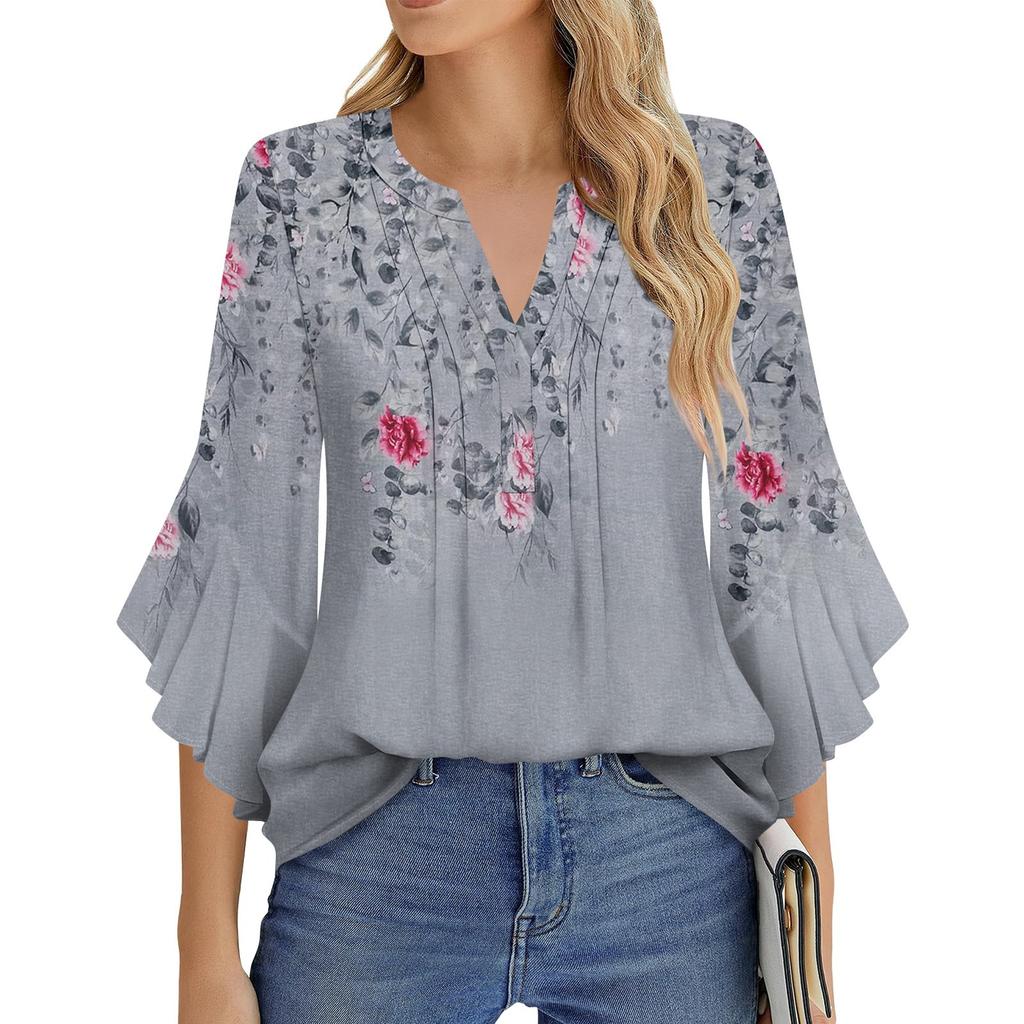 Women's Fashion Casual Pleated V-Neck Solid Color Three-quarter Sleeve T-Shirt Elegant Top