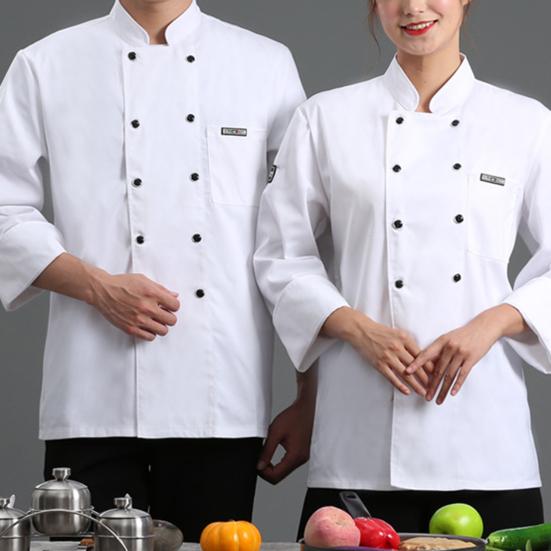 Top da chef Tasca tinta unita Manica lunga Bottoni da catering leggeri a doppio petto Taglie forti Camicia da cuoco unisex Abbigliamento da chef