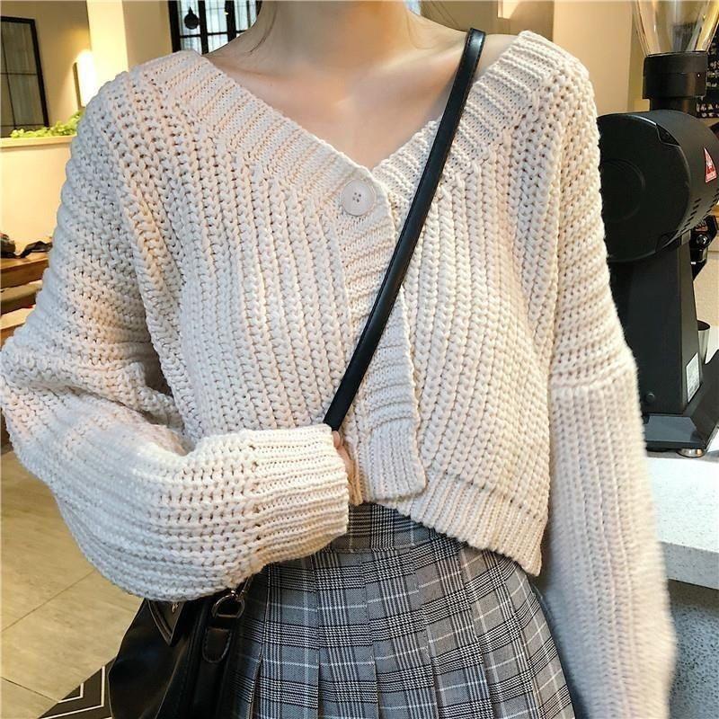 Women's Cardigan Sweater Outerwear Preppy Style Versatile Korean-Style Loose Short Top V-Neck Knitwear