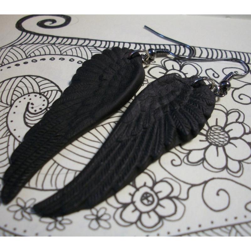 Gothic Matte Black Angel Wings Dangle Earrings for Women