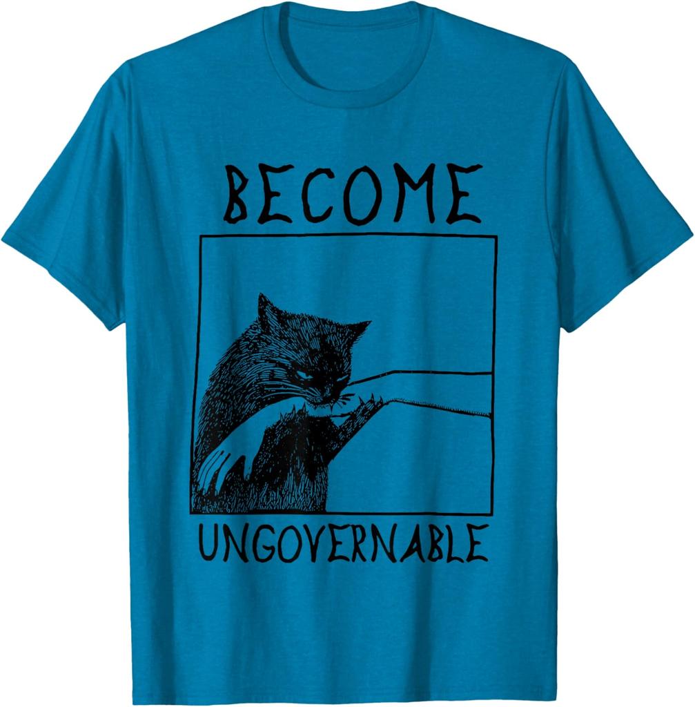 Become Ungovernable Biting Cat Meme Graphic Tee Cotton Casual Crewneck T-Shirt for Daily Wear