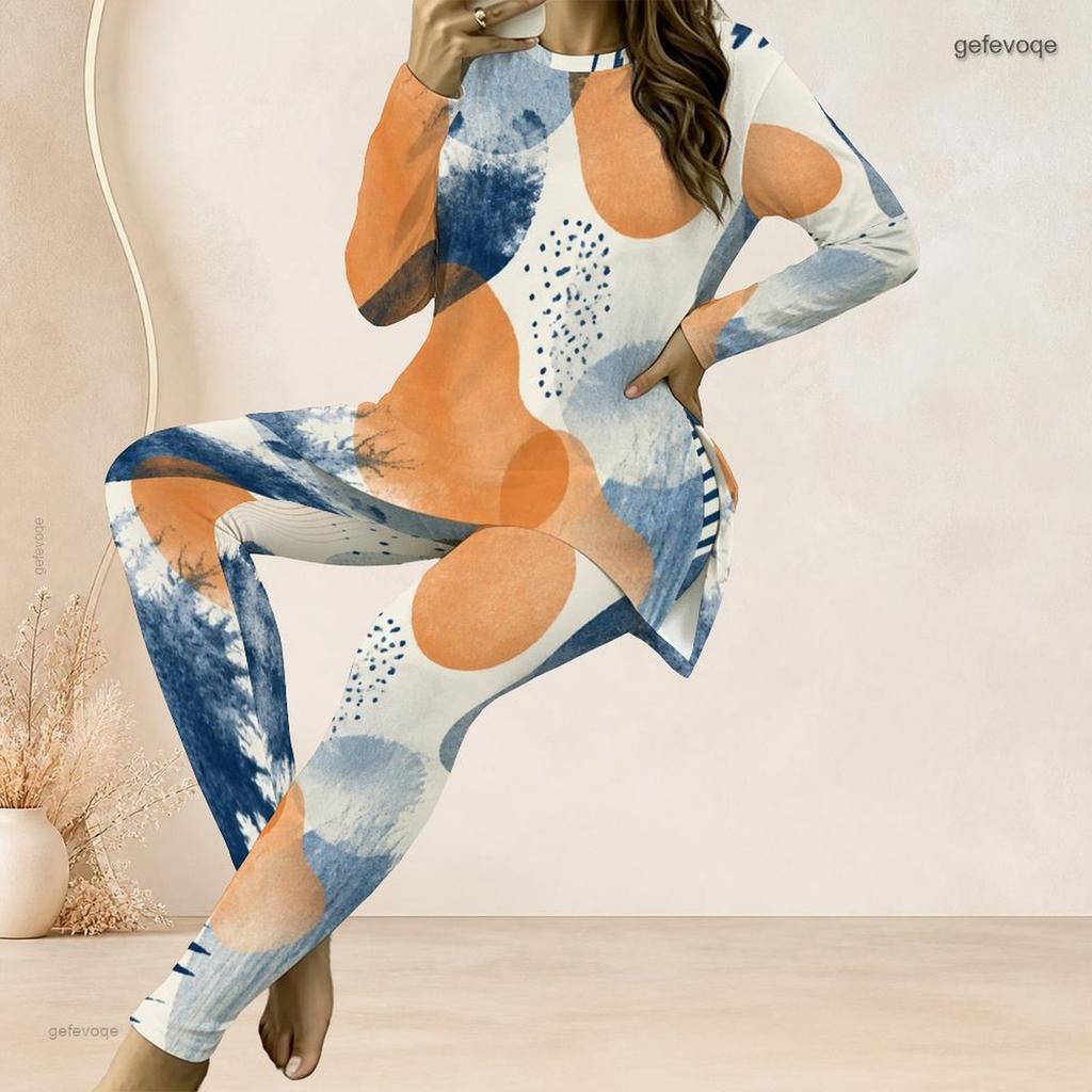 Women Plus Size Round Neck Long Sleeve Multicolor Printed Longline Top Fitted Pants Two Piece Set