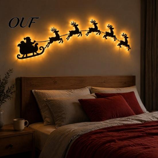 Reusable Christmas Wall Ornament Lighted Santa Sleigh Reindeer Decor with Remote, 3D Light Up Wood Peel Ambient for Bedroom And Stick Entryway