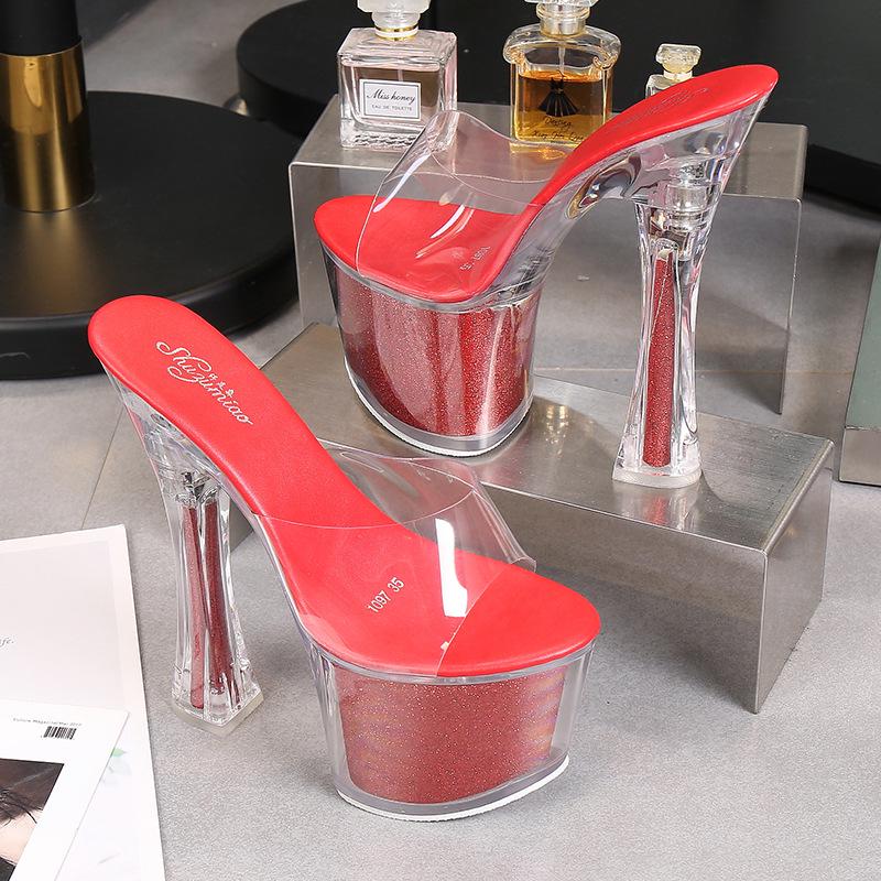 Nightclub Car Model Shoes Super High Heels Thick Heel Waterproof Table Sandals Transparent Crystal Shoes