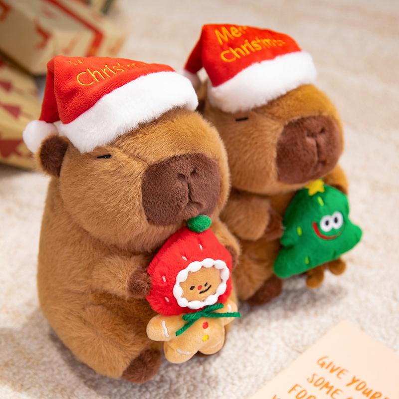 Kawaii Capybara Plush Toy New Year Red Hat Capibara Anime Doll Santa Hat and Tree Stuffed Christmas Gift Sleep Companion