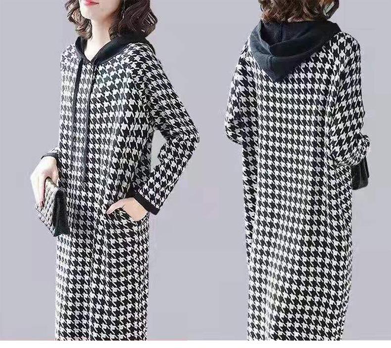 Plus Size Houndstooth Autumn Dress with Mid-Length Skirt
