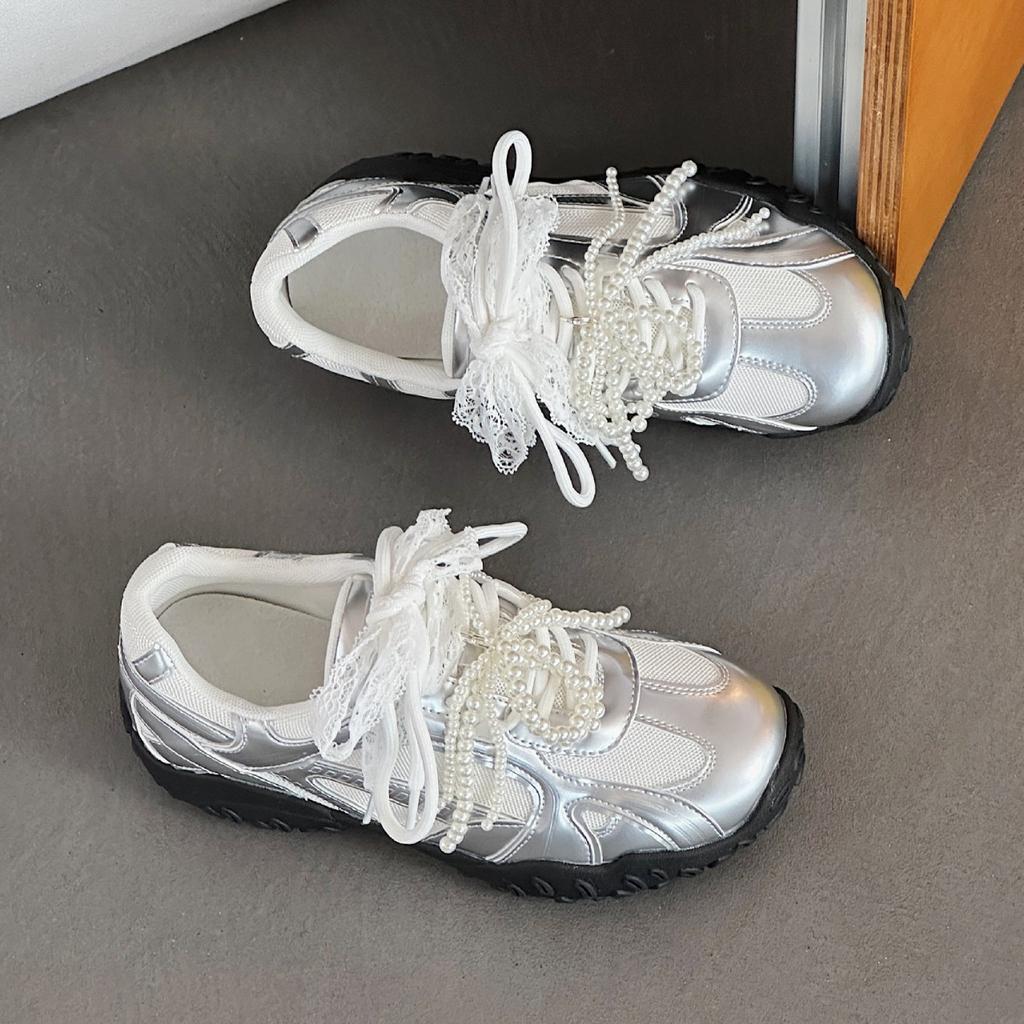 2025 Autumn Lace Pearl Model Inner Height Increase Soft Sole White Shoes Sports Breathable Casual Women's Shoes Non-slip and Wear-resistant