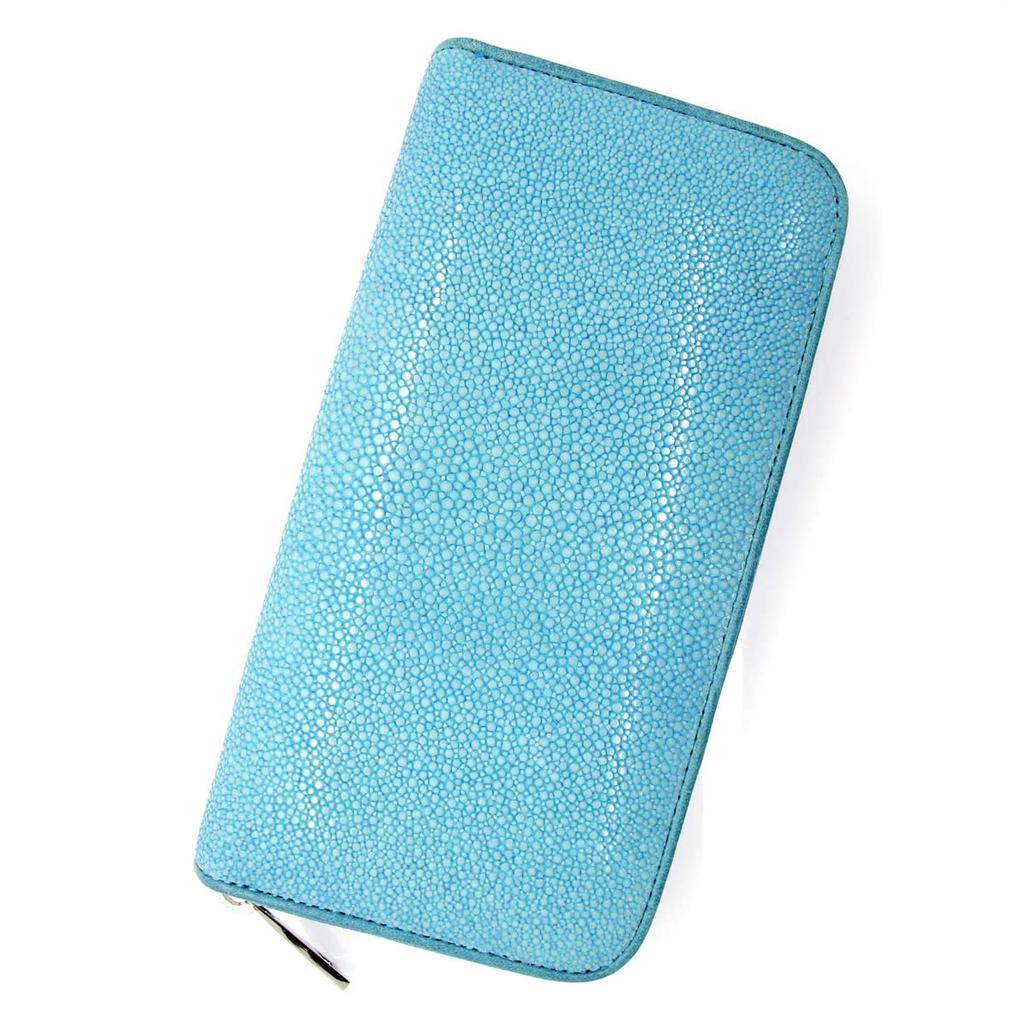 [Revetta] Stingray Leather Long Wallet, Round Zipper, 9 Colors Available, Stingray, Galuchat, Sky Blue, Light Blue, Genuine Leather, Large Capacity [1