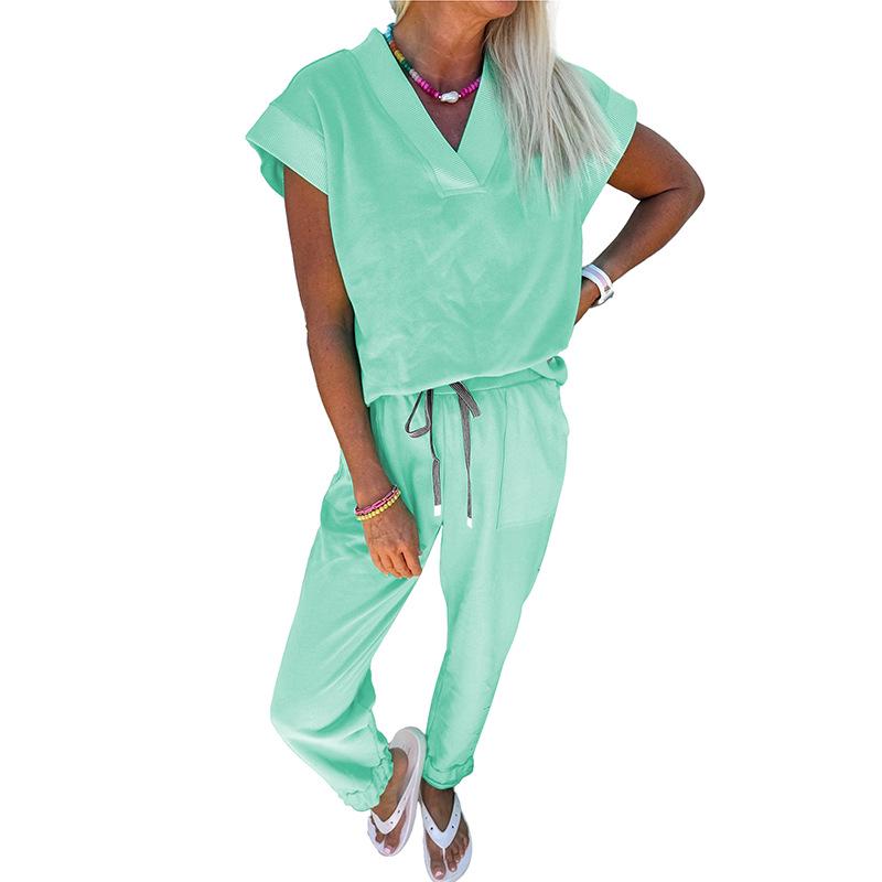 

2026 Summer Women s Casual Solid Color V-Neck Short Sleeve Two-Piece Set with Pockets Large