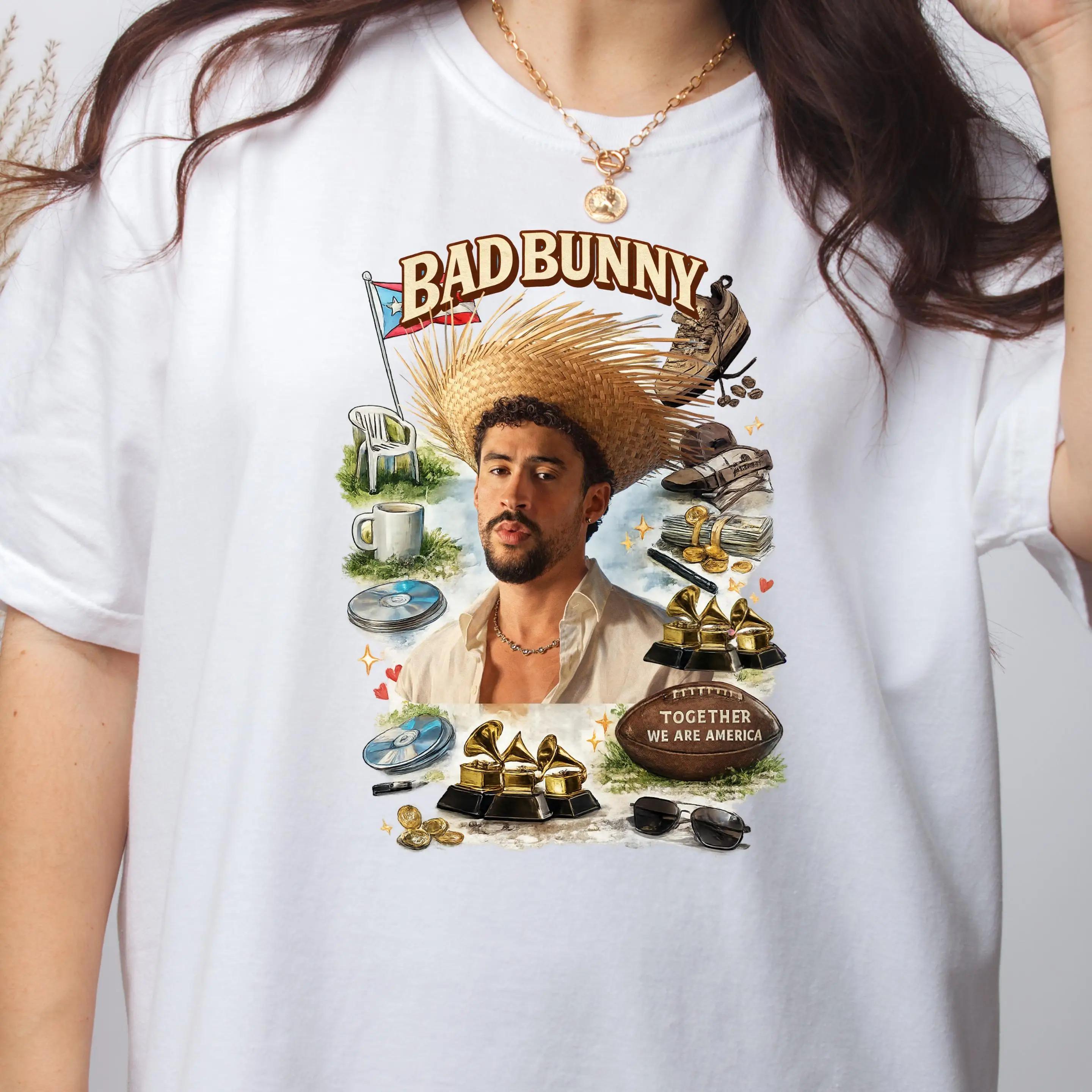 2026 Bad Bunny Super Bowl T-Shirt für Damen und Herren Sommer Baumwollkleidung Modisches Lässiges Kurzarm-T-Shirt Streetwear L rosa