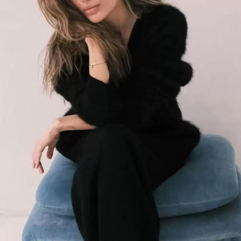 Imitation mink knitted sweater cardigan Europe and America 2024 autumn and winter lazy loose long-sleeved V-neck sweater jacket women