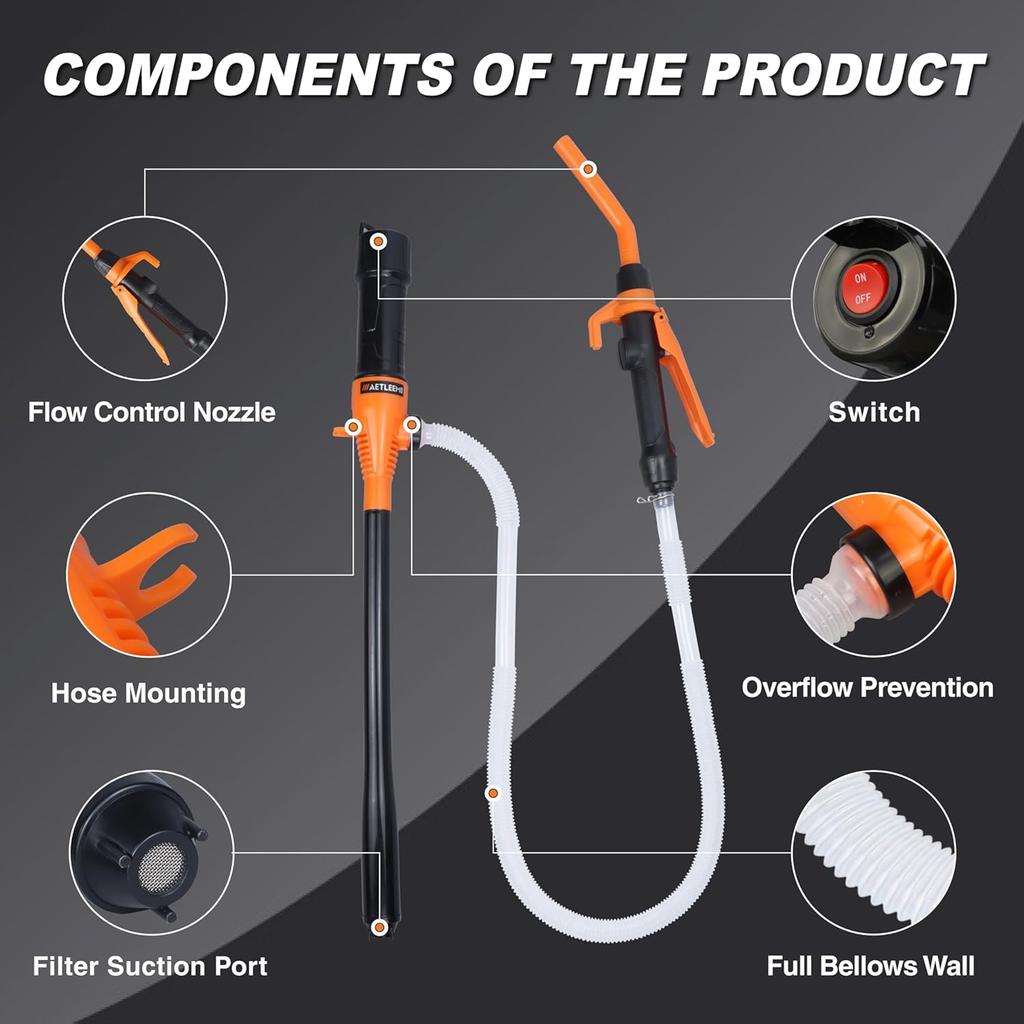 Battery Transfer Pump Portable Electric Siphon Pump For Gas Fuel Diesel Water 2.2 GPM With Extra Long Hose Flow Control Nozzle Quick Start Stop