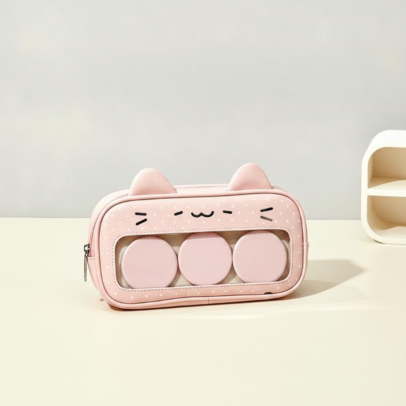 Kawaii Polka Dot Cat Pencil Case Large Capacity Clear Window Inner Pockets For Students School Stationery Storage