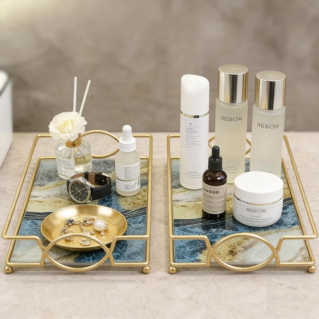 Vanity Tray Luxury Bathroom Counter Tray Glass Perfume Organizer Holder Cosmetics Makeup Skincare Display Decorative Vanity Tray