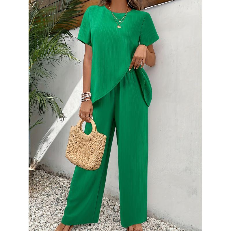 Western Style New Casual Loose Short sleeve Top Wide Leg Pants Set Loose Top and Pants Set