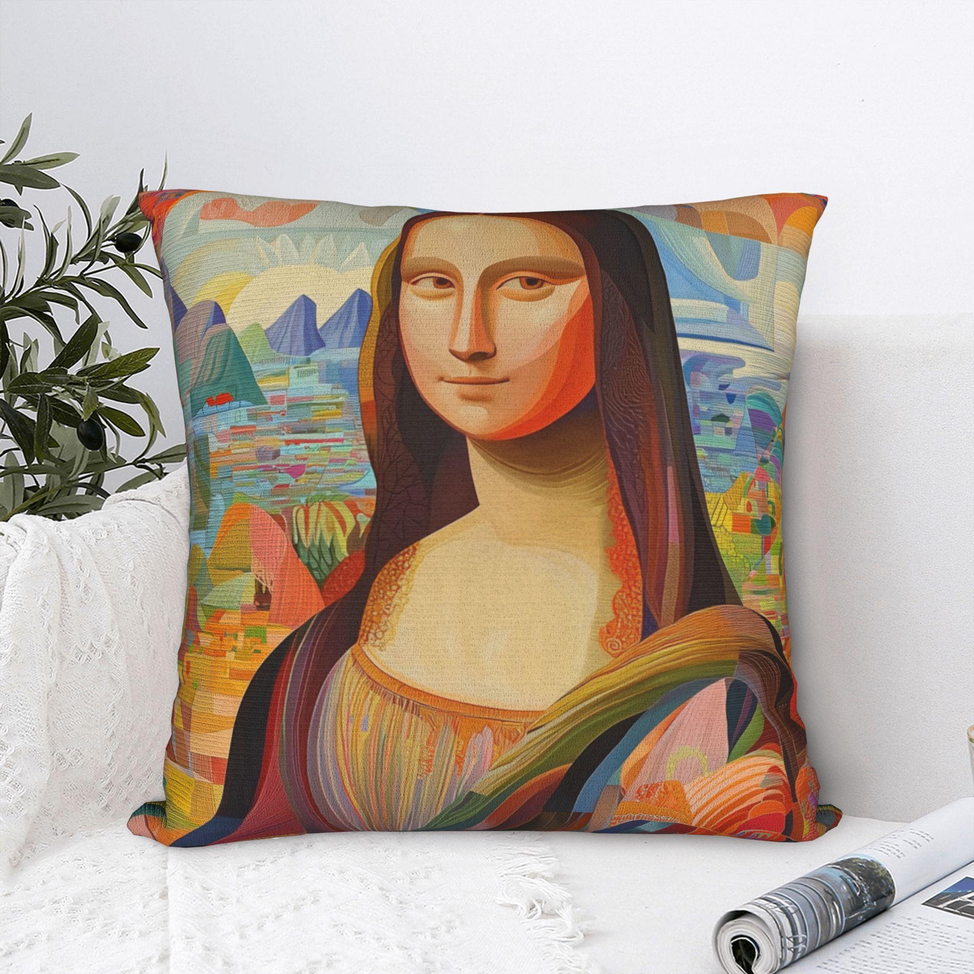 Annier Unisex Rainbow Cubist Style Mona Lisa Pillow Case Square Pillow Cover Morden Cushion Cover For Sofa Couch Bed Living Room