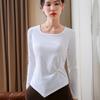 White Long-sleeved Shirt Women's New Women's Clothing with Exposed Collarbone Square Neck Bottoming Shirt with Irregular Hem and Inner Top.