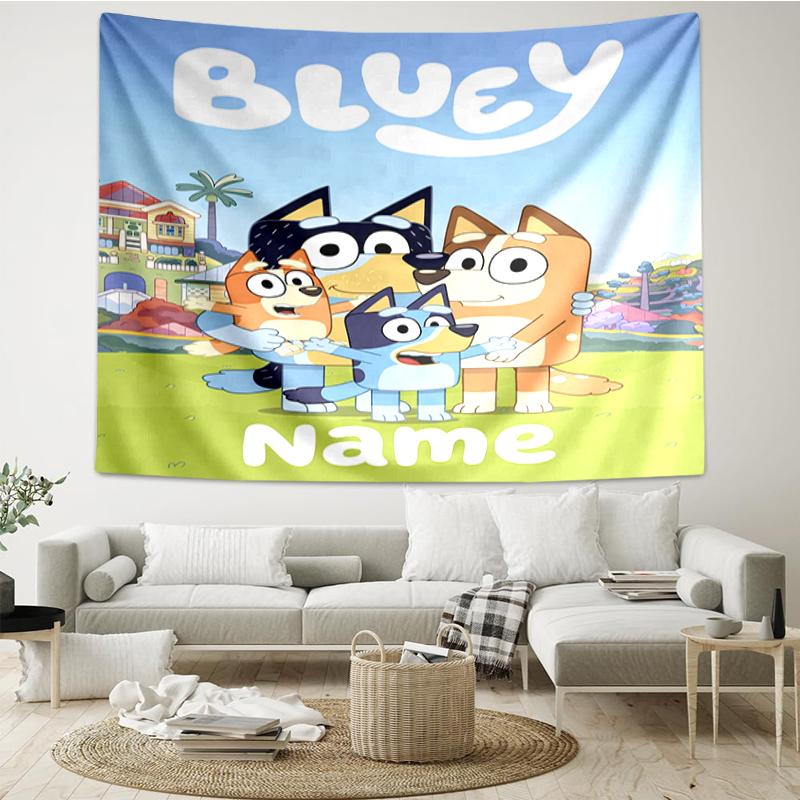 Custom Name Bluey Print Tapestry, Backdrop, Easy Setup, Ideal for Bedroom, Office & Living Room, with Aesthetic Wall Hanging Decor.