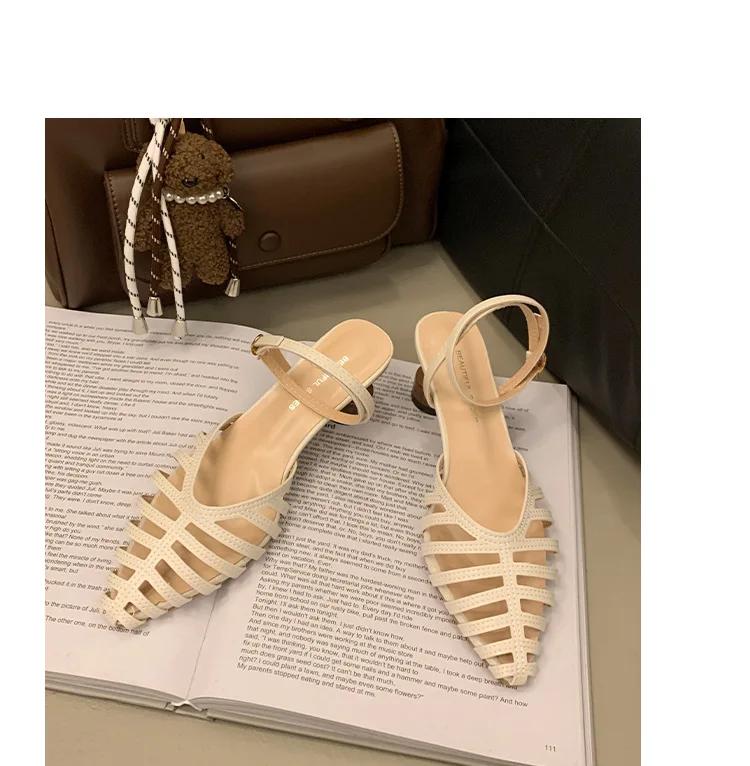 Fashion French Retro Pointed Toe Hollow Out Middle Heel Baotou Fashion Sandalias De Mujer Casual Roman High Heels Luxury Women Shoes
