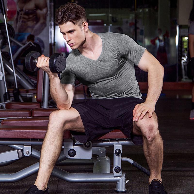 IELGY quick-drying running Men training sports short-sleeved V-neck tight-fitting high-stretch T-shirt
