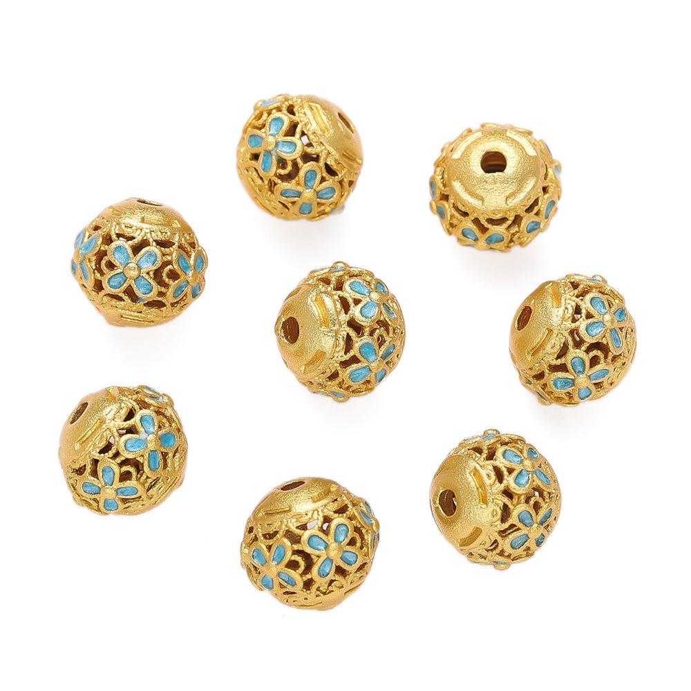 Copper Drop Oil Engraved Hollow Flower Round Bead Separated Bead Loose Bead DIY Bracelet Through Hole Jewelry Transfer Bead Jewelry Accessories