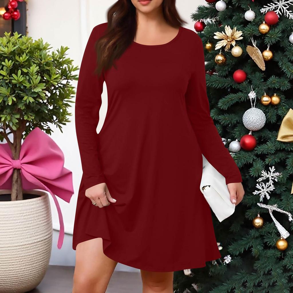 Plus Size Women's Solid-Colour Casual Dress Spring Pocket Round Neck Long-Sleeved Dress