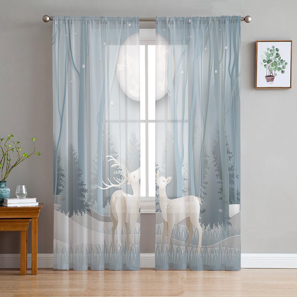 Christmas White Snow World Tulle Curtains For Living Room Decoration Modern Chiffon Sheer Voile Christmas Curtains