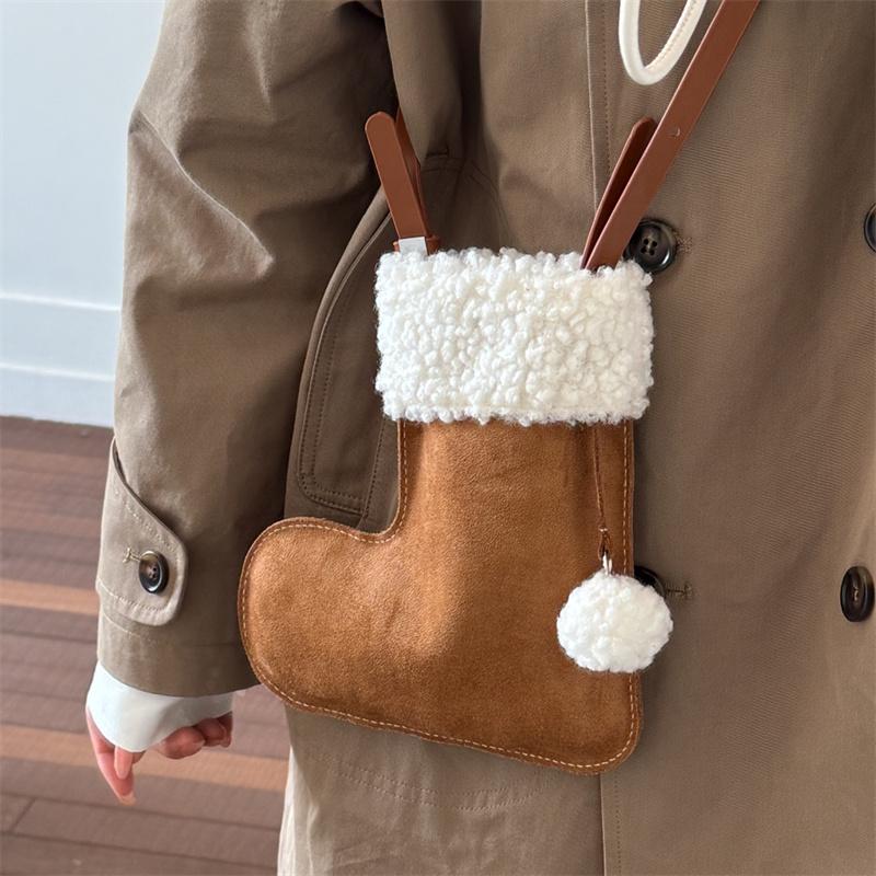 Portable Simple Style Suede Crossbody Bag Fluffy Lightweight Lamb Shoulder Bag Travel Christmas Sock Bag Women