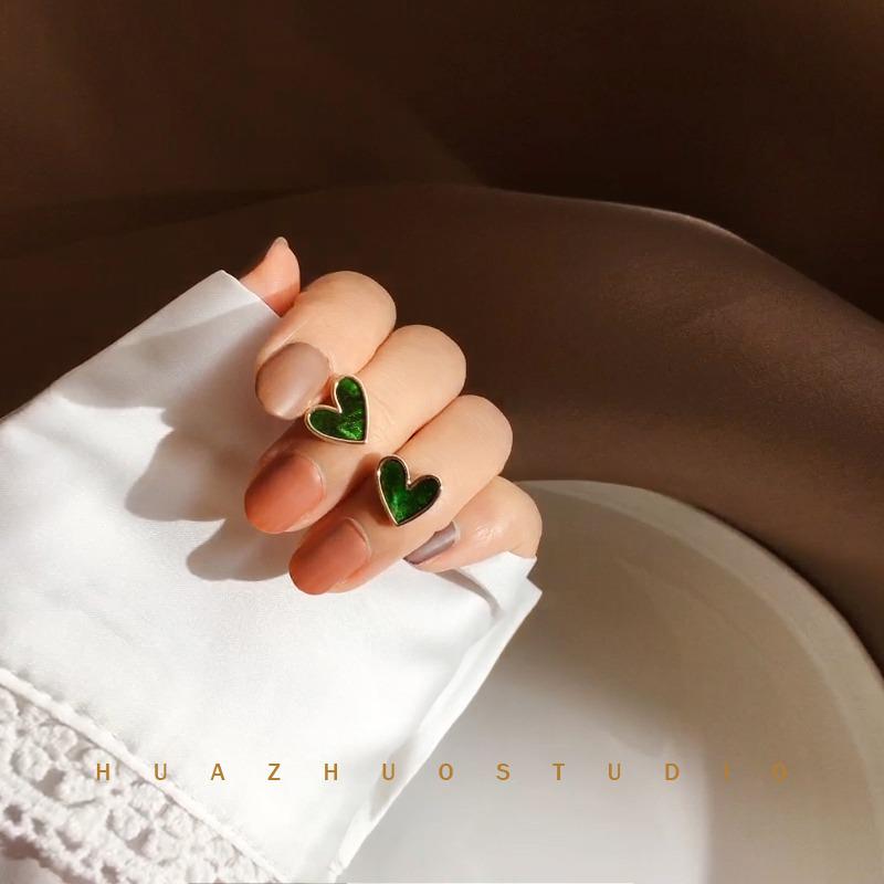 S925 Silver Needle Dark Green Heart Earrings - Korean Retro Style Women's Jewelry 2024