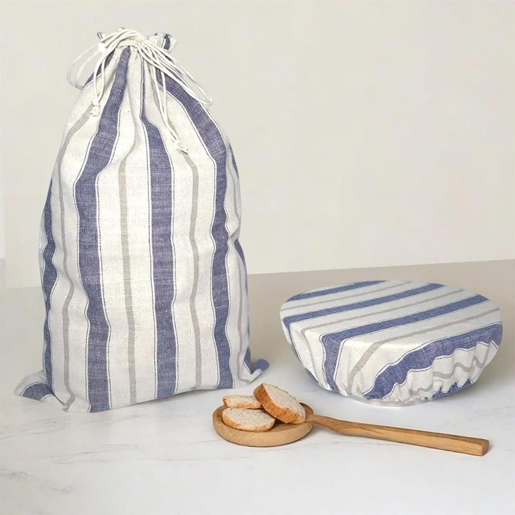 Reble Bread Bags for Homemade Sourdough Bread with Bowl Cover, 12"x18" Large Organic Linen Sourdough Bread Bags, Easy to Clean (Blue-Red stripe)