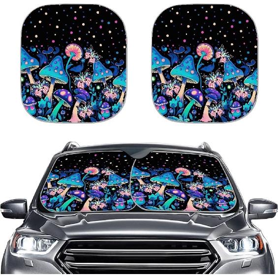 Mushroom Car Windshield Sunshade Daisy Flower Dragonfly Butterfly Mushroom Auto Front Sun Shades Foldable Sunlight Protection Visor Universal Vehicle