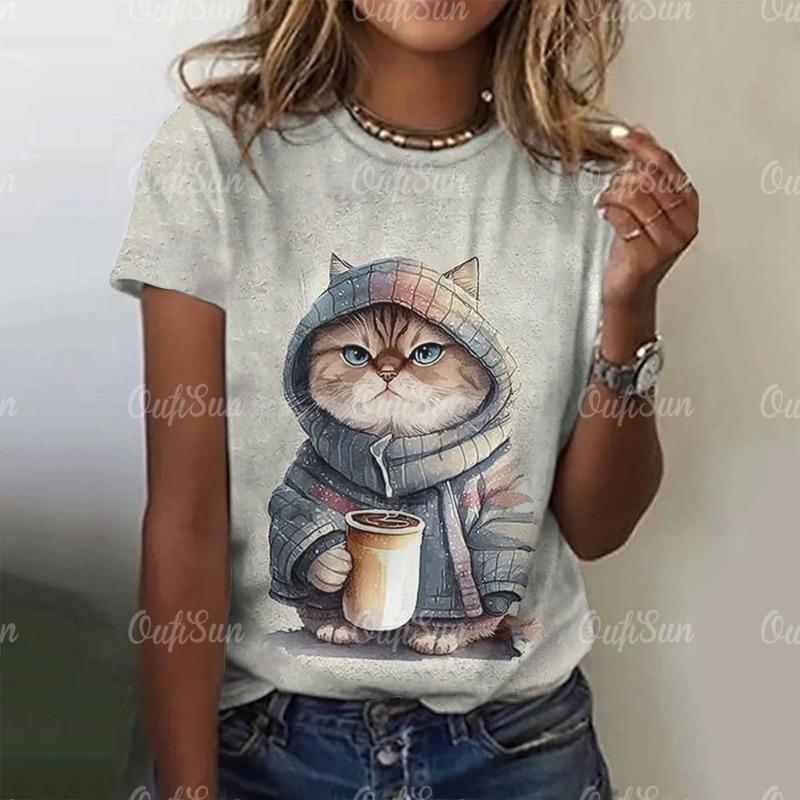 3d Cat Kawaii Print Женские футболки Летние топы для женщин Модные повседневные Harajuku — фото 9