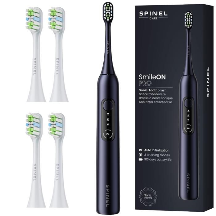 Brosse à dents sonique - Spinel - SmileON PRO - noire avec 4 têtes - minuterie intelligente - USB-C - longue autonomie
