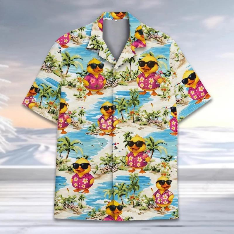 Summer Fun Duck Pattern Hawaiian Men's Shirt - Yellow Duck 3D Print - Casual Buttoned Shirt - Quick-Dry and Breathable