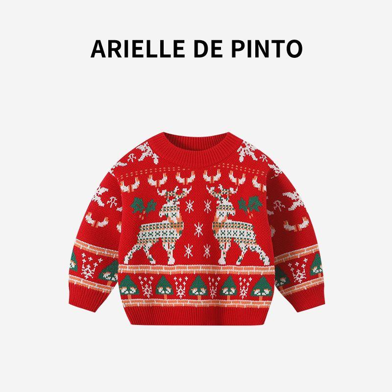 French Arielle De Pinto Girls  Sweater Winter Cute Baby Girl Christmas Thickened Deer Wool Sweater Red 100