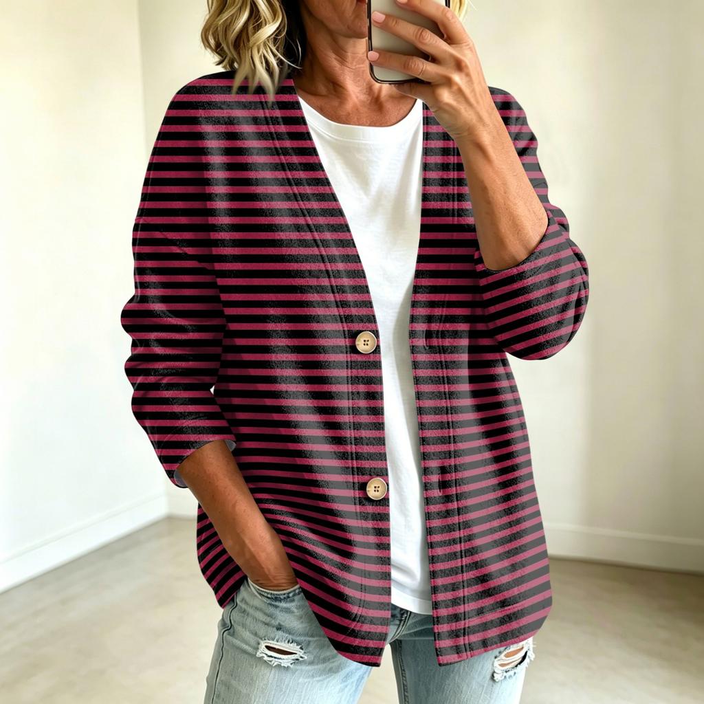 Damen Casual Knopfleiste Gestreifte Print Jacke für den Alltag