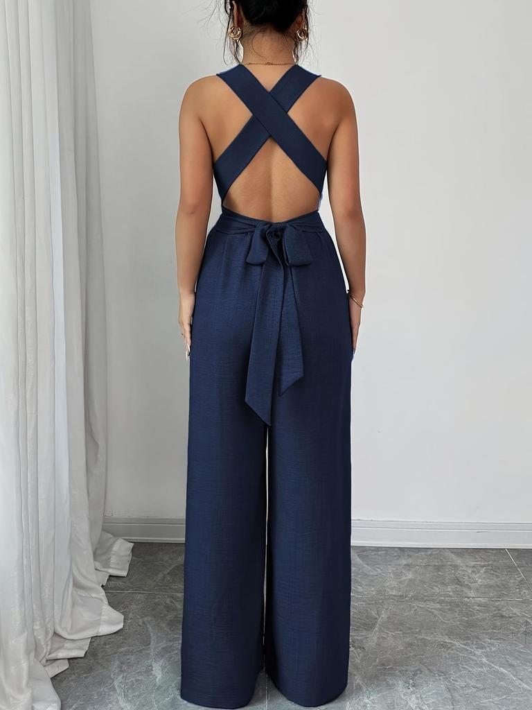 European Women's 2025 V-Neck Backless Cross-Waist Wide-Leg Jumpsuit