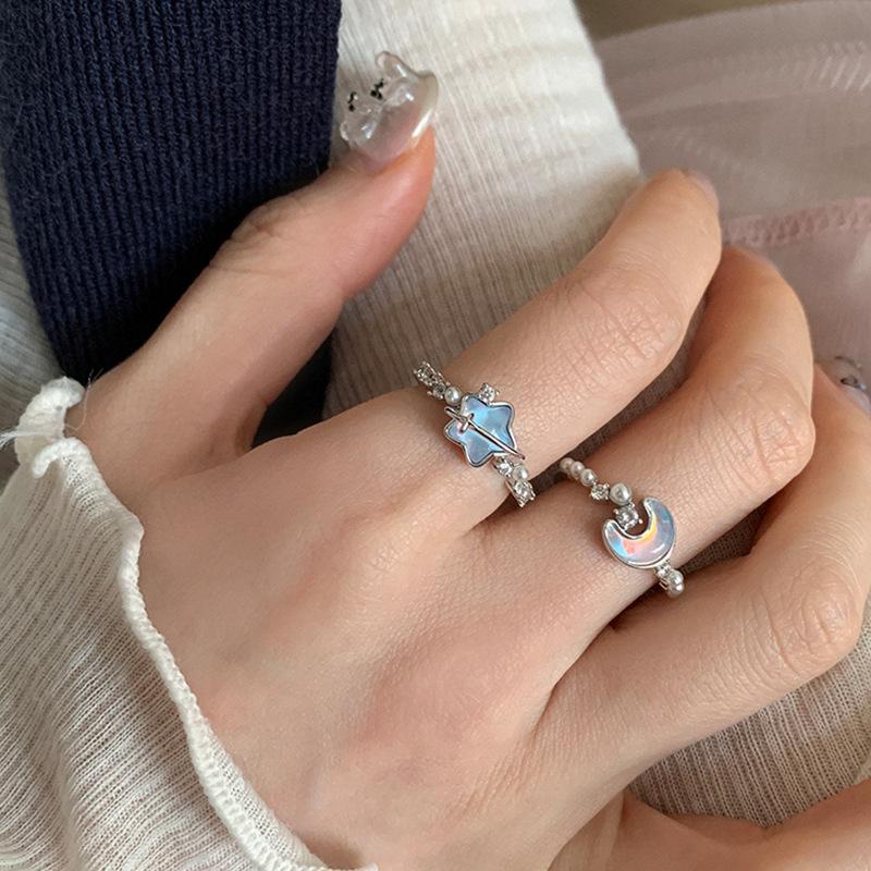 Glacier Blue Star Moon Zircon Pearl Opening Ring Women'S Personality Exquisite Fashion Trend Versatile Ring Ring