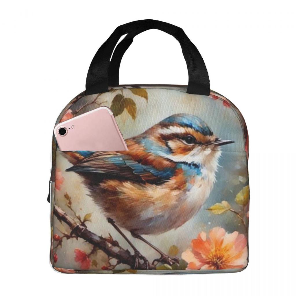 Fågel Rosa Blomma Vintage Mönster Isolerad Lunchväska för Kvinnor Barn Bärbara Matlådor Termisk Lunchlåda Tote
