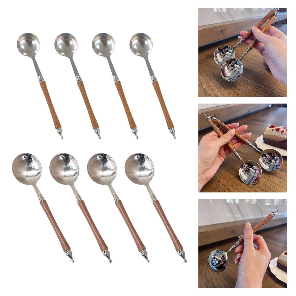 4 Piece Stainless Steels Round Spoons With Ergonomic Wood Handle Flatware Silverware For Family Meals And Entertaining