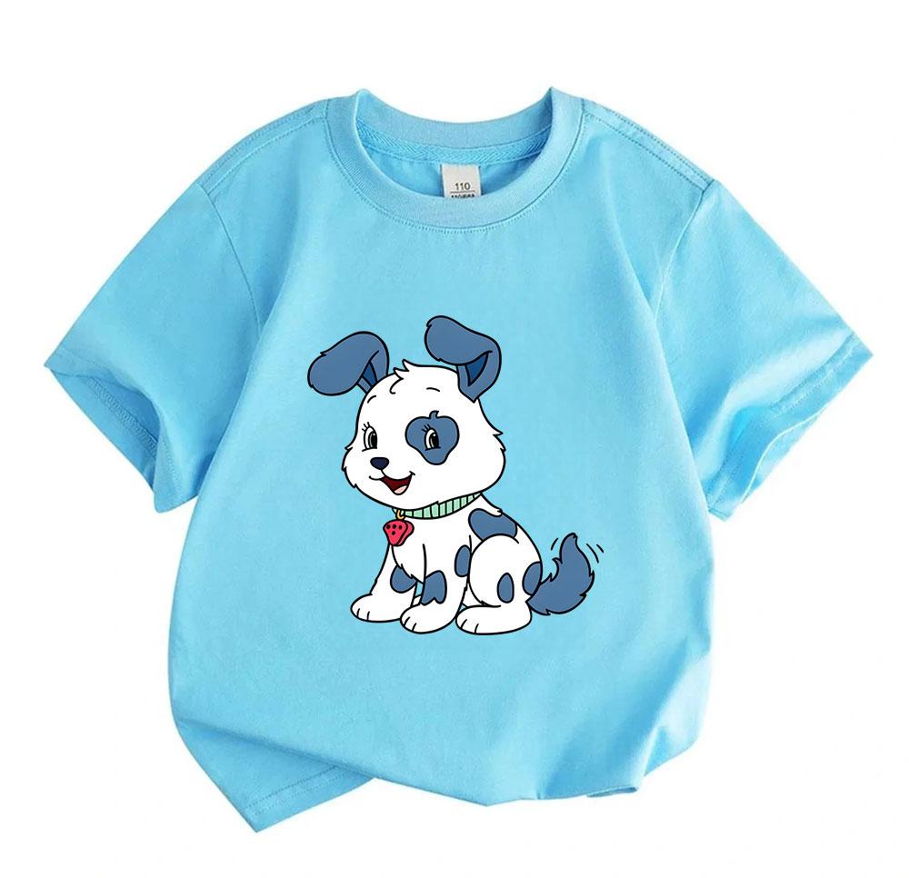 Kids Boys Girls Crew Neck Short Sleeve 100% Cotton T-Shirt, Cute Happy Blue Spotted Cartoon Puppy Print Casual Soft Comfortable Tee for Daily Wear Hol