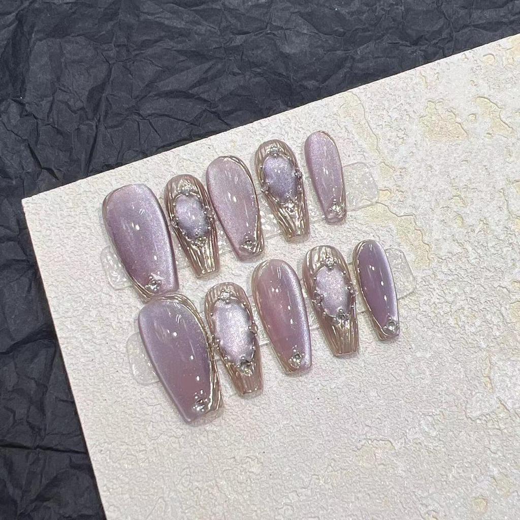 Pure Hand-wearing Nail Fake Nail Patch Nail Art Finished Purple Light Bulb Cat Eye Cloth Chela Magic Mirror Miracle Angel