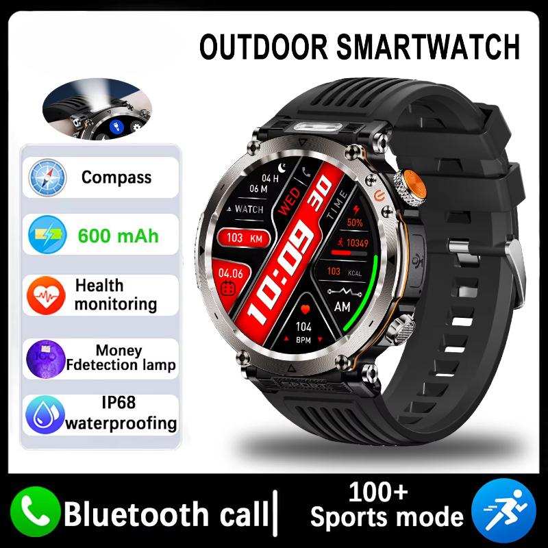 New 5ATM Waterproof Smart Watch Men 600mAh Outdoor SmartWatch GPS Compass Heart Rate LED Flashlight Bluetooth Call Sports Smartwatch